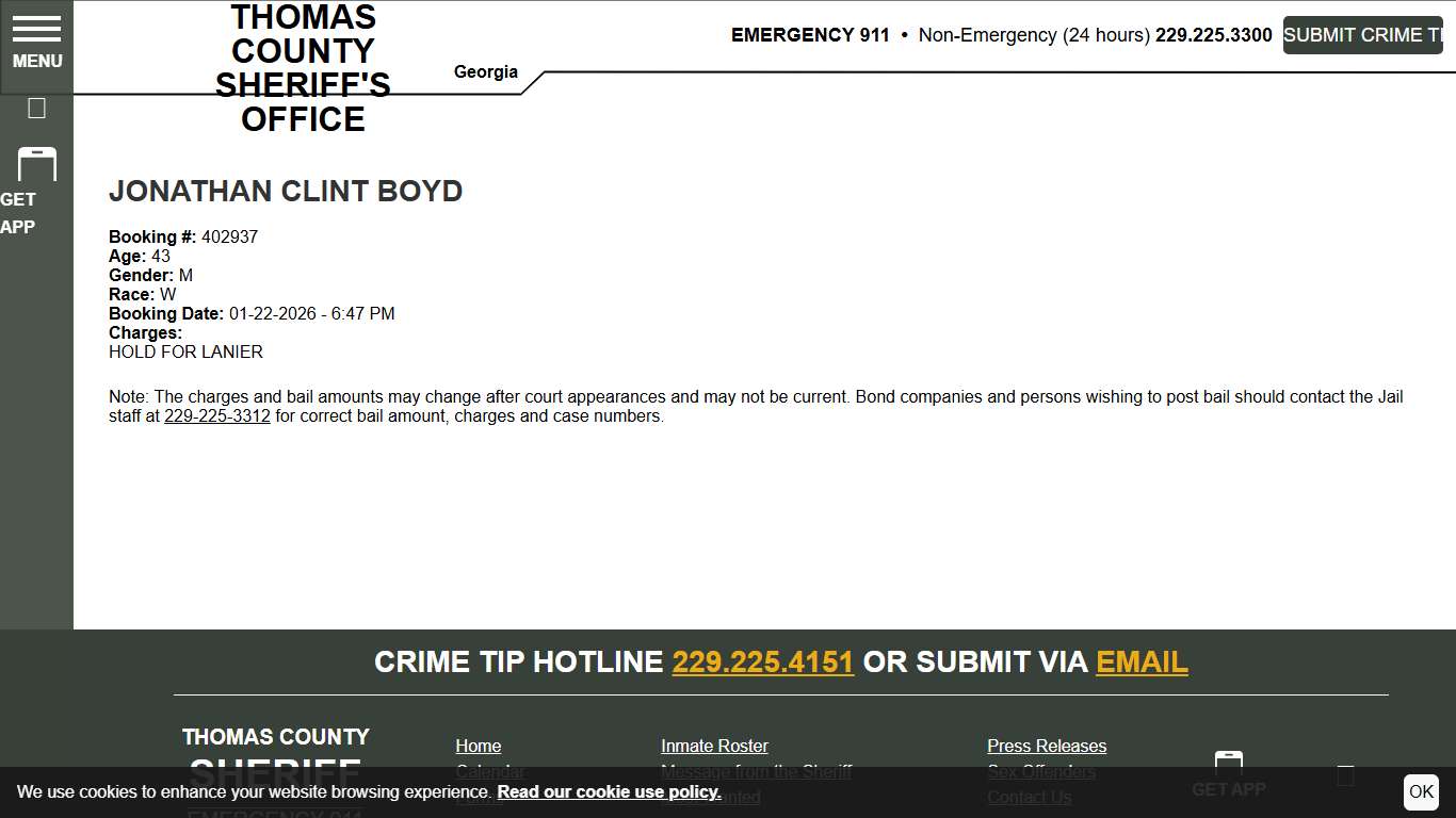 BOYD, JONATHAN - Roster Thomas County Sheriff's Office
